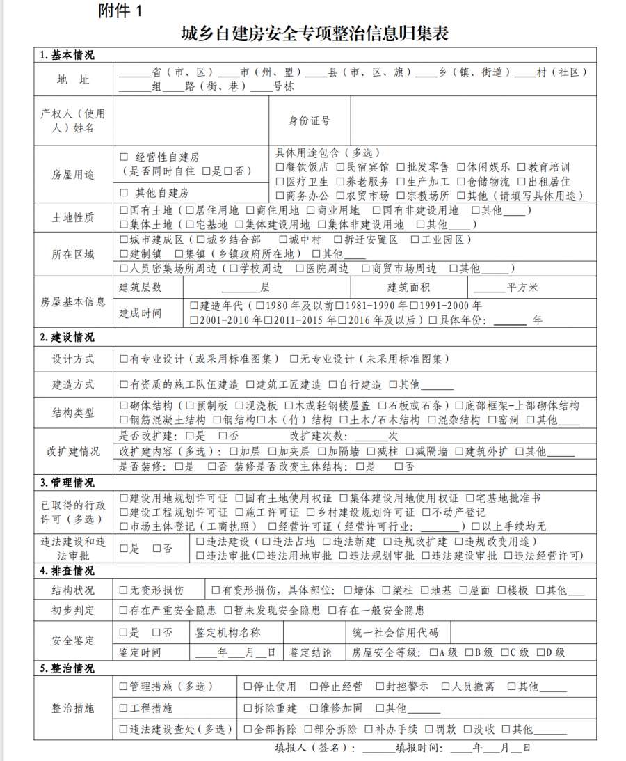 城鄉(xiāng)自建房安全專項整治信息歸集表